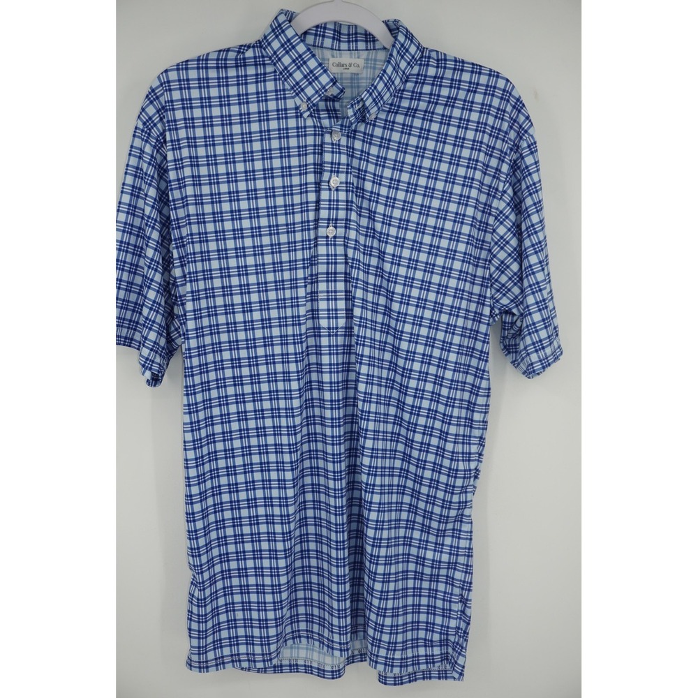 Collars & Co. Polo Shirt Blue Plaid Dress Collar 100% Polyester Men's Large